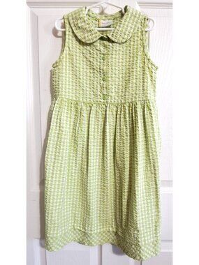 Hanna Andersson Girls 6/7 Green Plaid Sleeveless Seersucker Fit Flare Dress